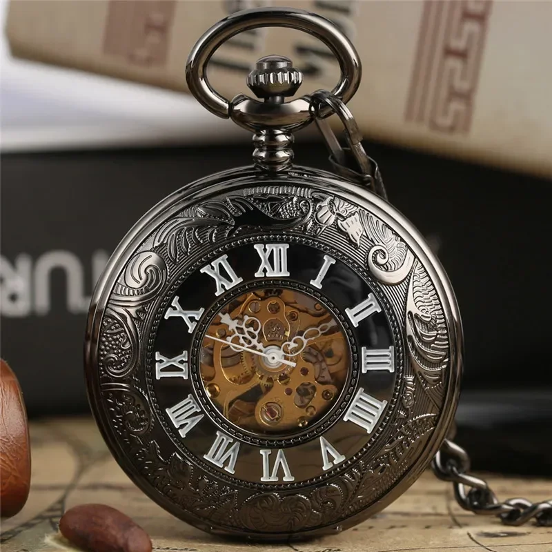 Pocket Watch Mechanical Skeleton Vintage - นาฬิกาพกกลไกอัตโนมัติแบบโครงกระดูก แกะสลักตัวเลขโรมันสไตล์โบราณ พร้อมสายโซ่จี้ นาฬิกาวินเทจสำหรับทุกเพศ