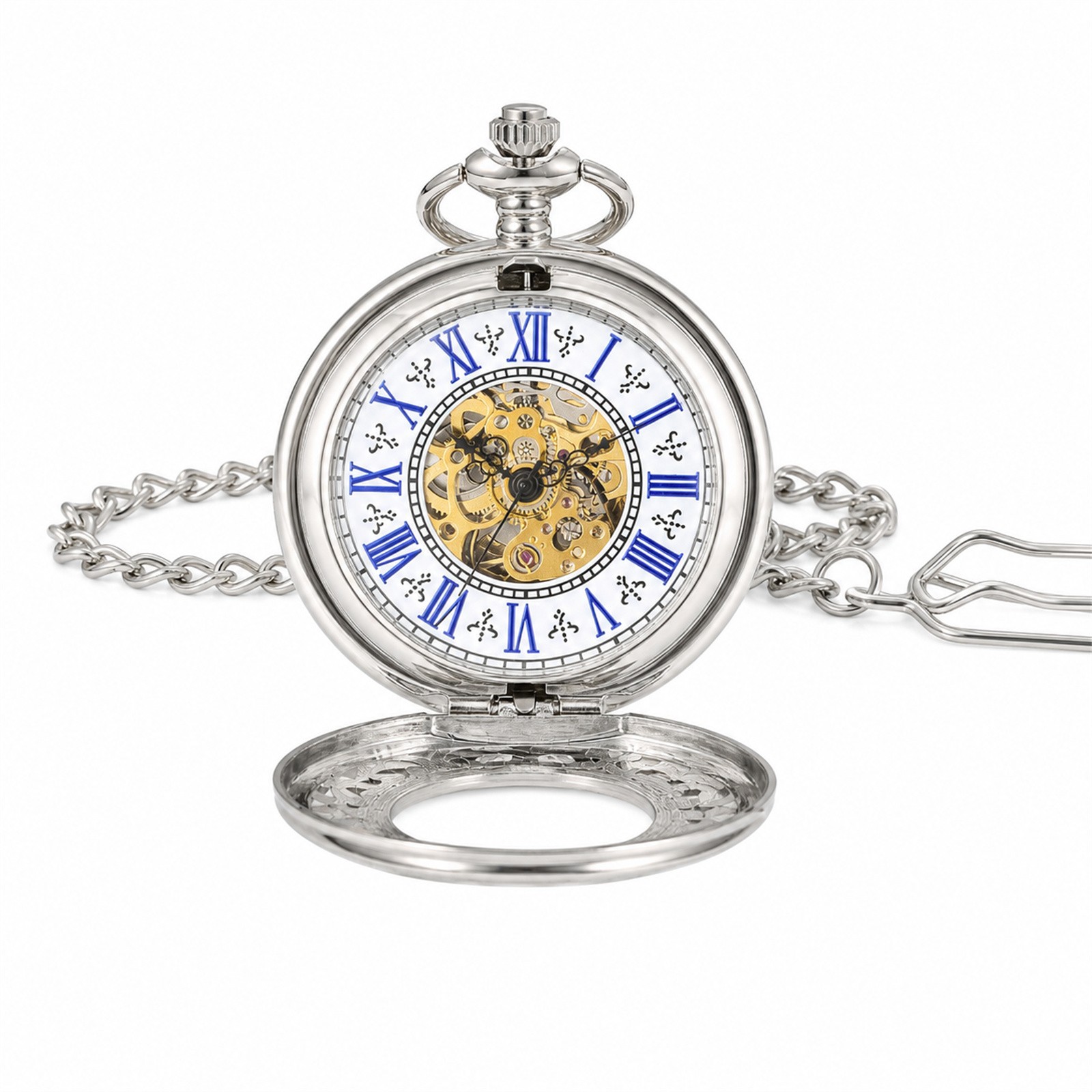 Pocket Watch Mechanical Skeleton Vintage - นาฬิกาพกกลไกแบบโครงกระดูกสำหรับผู้ชาย สไตล์เรโทร ตัวเลขโรมัน ครึ่งทรงฮันเตอร์ สีเงิน วินเทจ