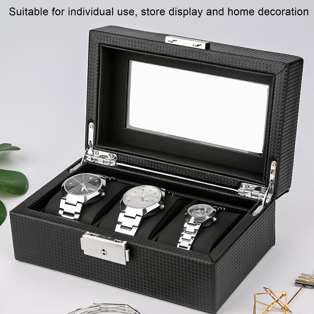 Watch Display Storage Box Carbon Fiber - กล่องเก็บนาฬิกาคาร์บอนไฟเบอร์สีดำ 3 ช่อง สำหรับโชว์นาฬิกา กล่องนาฬิกาหนัง PU