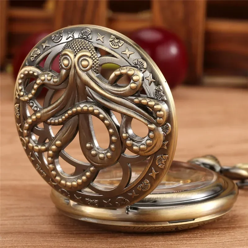 Pocket Watch Mechanical Skeleton Vintage - นาฬิกาพกไขลานดีไซน์วินเทจลายปลาหมึก สำหรับผู้ชายและผู้หญิง ตัวเรือนแบบสเกเลตัน พร้อมสายคล้องคอ ตัวเลขโรมัน Relogio