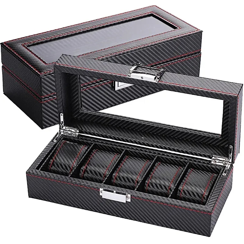 Watch Display Storage Box Carbon Fiber - KSGM แฟชั่นสไตล์ 5/6/10/12 ตําแหน่งสีดํารูปแบบคาร์บอนไฟเบอร์แสดงเครื่องประดับกล่องเก็บนาฬิกากรณี