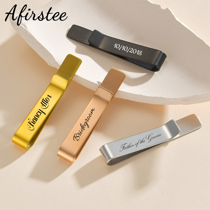 Tie Clip Bar Set Stainless Steel - Afirstee สแตนเลสแกะสลักชื่อ Tie คลิปสําหรับชายโลโก้ที่กําหนดเองวันที่ผู้ชายชุด Tie Bar