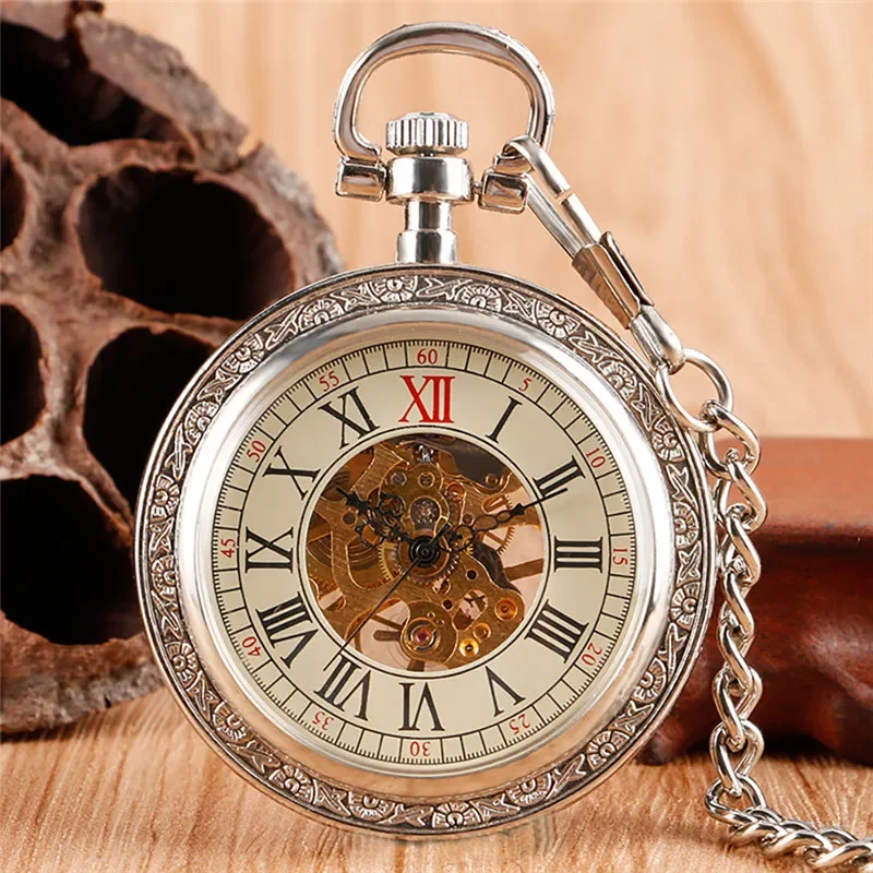 Pocket Watch Mechanical Skeleton Vintage - นาฬิกาพกกลไกไขลานแบบวินเทจสำหรับผู้ชายและผู้หญิง หน้าปัดเลขโรมัน พร้อมสายคล้อง