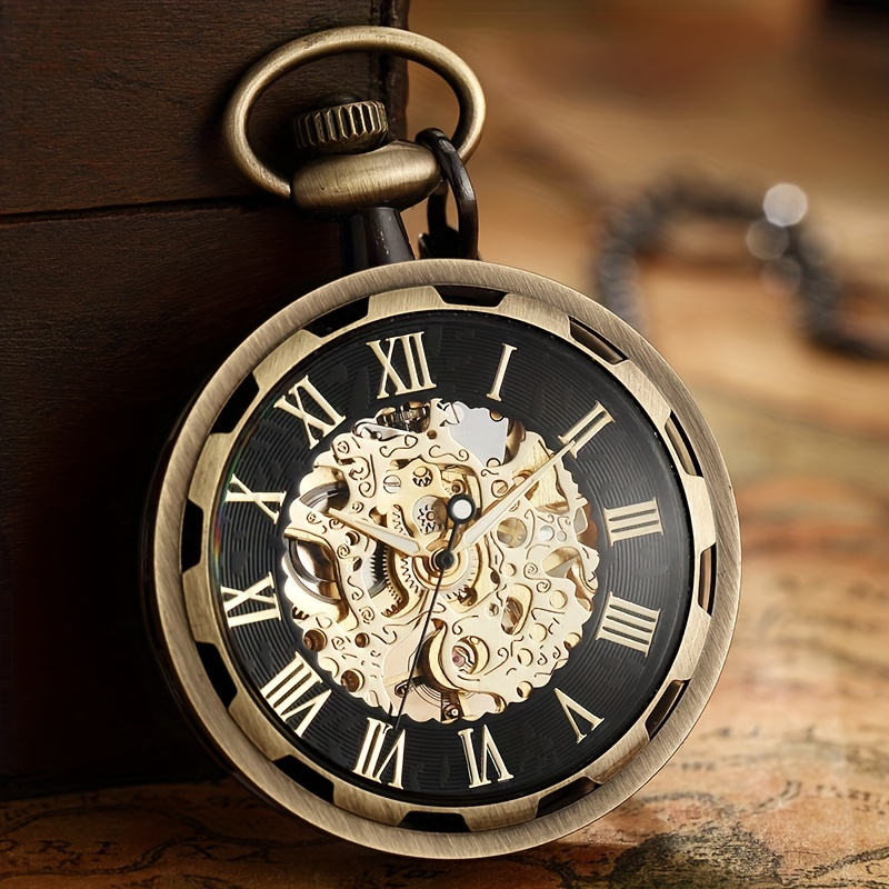 Pocket Watch Mechanical Skeleton Vintage - นาฬิกาพกแบบวินเทจ สไตล์สตีมพังก์ โครงกระดูก เครื่องกล สายคล้องแบบโซ่ ตัวเลขโรมัน