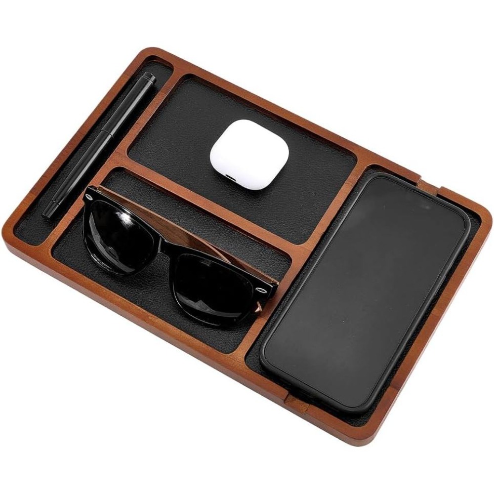 Valet Tray Nightstand Organizer Leather - ถาดจัดระเบียบไม้สำหรับวางบนโต๊ะข้างเตียง บุด้วยหนัง ถาดจัดเก็บ EDC พร้อมช่องเสียบชาร์จ สำหรับโต๊ะทำงานในบ้านและสำนักงาน