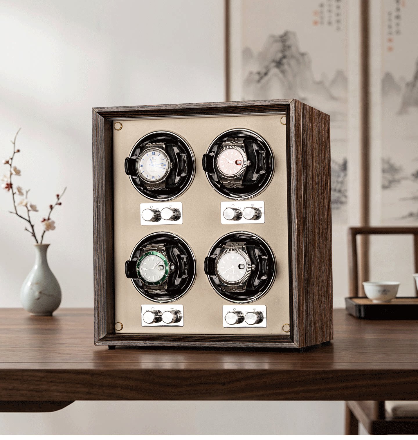 Watch Winder 4 Watches Automatic Silent - กล่องหมุนนาฬิกาอัตโนมัติ Virtorix 4 ช่อง ทำจากไม้วอลนัท พร้อมมอเตอร์