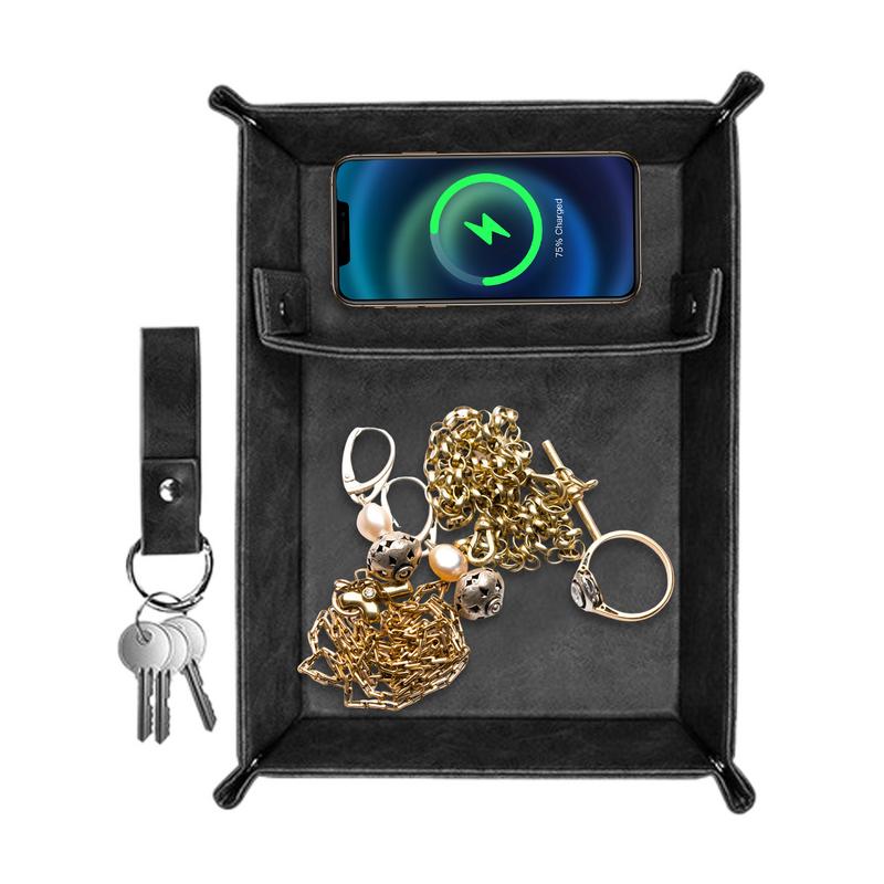 Valet Tray Nightstand Organizer Leather - ถาดสำหรับรับพนักงานจอดรถแบบหนัง PU สำหรับผู้ชายถาดจัดระเบียบโต๊ะข้างเตียงถาดวางโต๊ะพร้อมช่องแบ่งสำหรับใช้ในห้องน้ำห้องนั่งเล่น