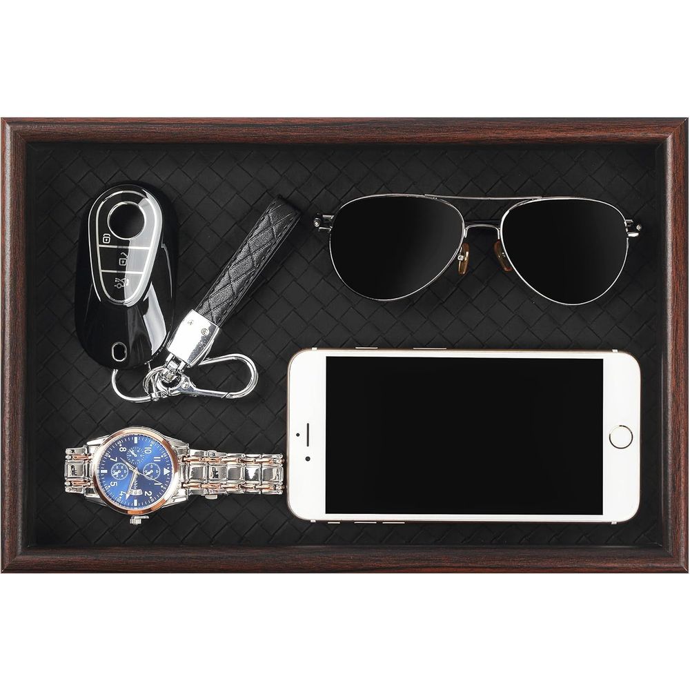 Valet Tray Nightstand Organizer Leather - ถาดใส่ของอเนกประสงค์ฐานหนังหุ้มไม้: ที่จัดระเบียบข้างเตียงสำหรับโคโลญจน์, น้ำหอม, กุญแจ, กระเป๋าสตางค์, โทรศัพท์,