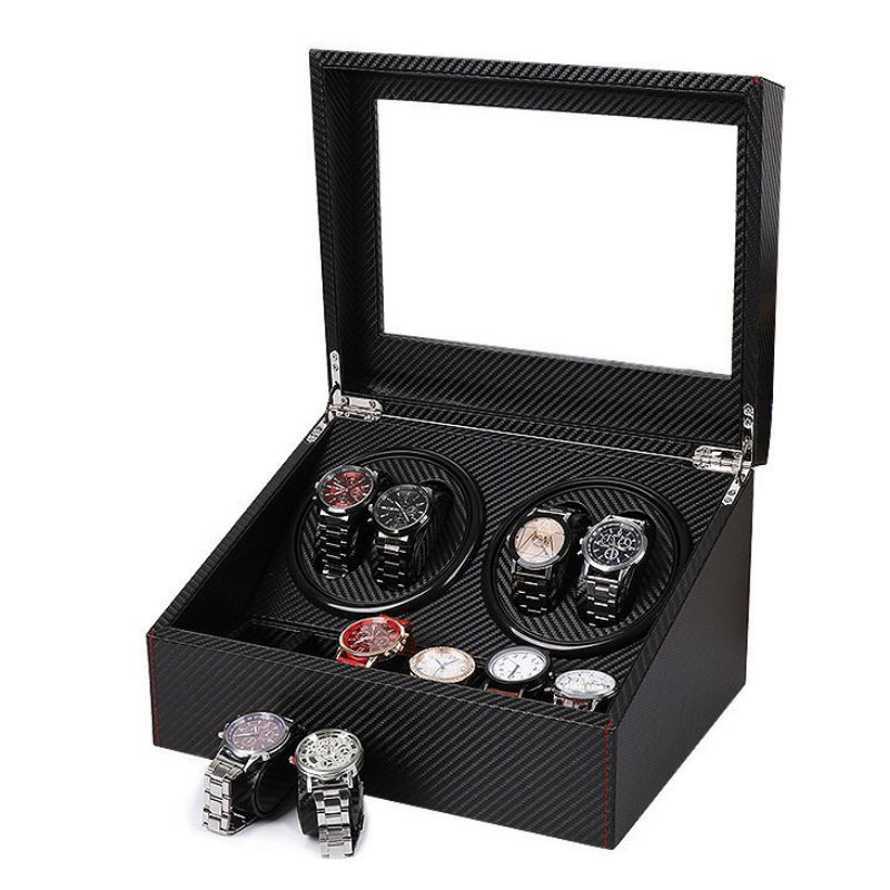 Watch Display Storage Box Carbon Fiber - กล่องหมุนนาฬิกาหนัง 4 ช่อง อุปกรณ์หมุนนาฬิกาแบบกลไก กล่องเก็บนาฬิกาข้อมือผู้ชาย กล่องโชว์และจัดเก็บนาฬิกา