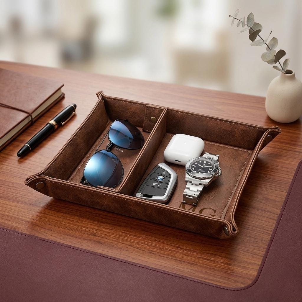 Valet Tray Nightstand Organizer Leather - ที่จัดระเบียบโต๊ะทำงานส่วนตัว ถาดเก็บของอเนกประสงค์ หนัง PU สลักชื่อได้ สำหรับเก็บนาฬิกา