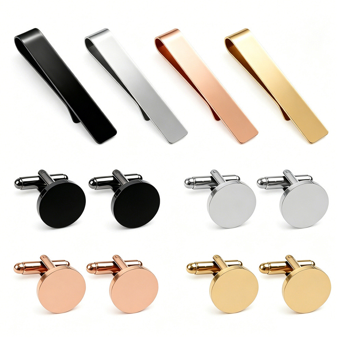 Tie Clip Bar Set Stainless Steel - ชุดกระดุมข้อมือและที่หนีบเนคไททรงกลมคลาสสิก 3 ชุด ทำจากสแตนเลส สำหรับเสื้อเชิ้ตฝรั่งเศส ผู้ชาย