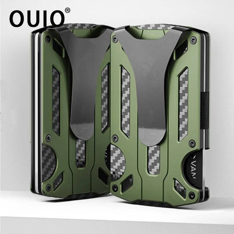 Money Clip Minimalist Rfid Blocking - OUIO กระเป๋าสตางค์ยุทธวิธีสำหรับผู้ชาย คลิปหนีบเงินโลหะคาร์บอนไฟเบอร์ ป้องกัน RFID ที่ใส่บัตรเครดิตอะลูมิเนียมบางเฉียบ
