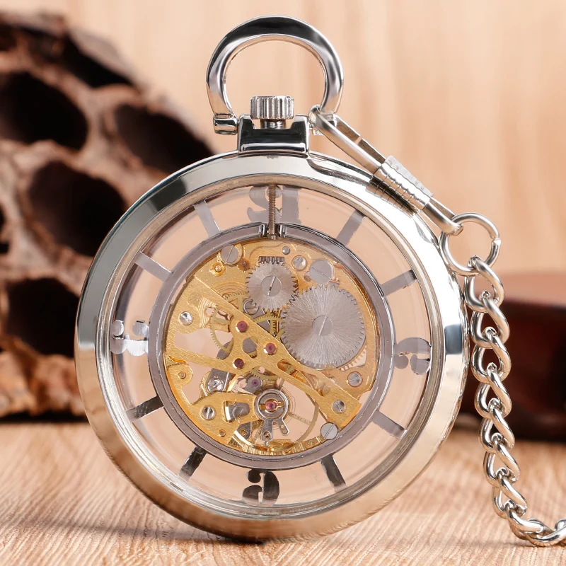 Pocket Watch Mechanical Skeleton Vintage - Transparent Hollow Hand Wind Mechanical นาฬิกาพ็อกเก็ตนาฬิกาผู้ชายผู้หญิงเปิดหน้า