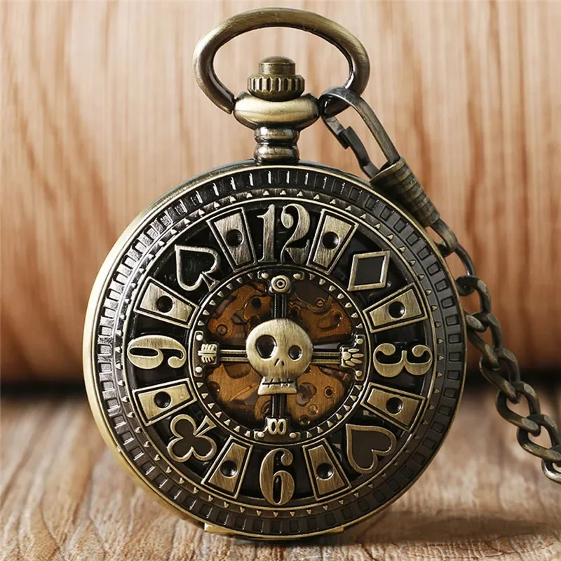 Pocket Watch Mechanical Skeleton Vintage - นาฬิกาพกกลไกอัตโนมัติลายหัวกะโหลกโป๊กเกอร์วินเทจ ดีไซน์ฉลุลาย พร้อมจี้โซ่ ของขวัญสไตล์สตีมพังก์ที่ไม่เหมือนใคร