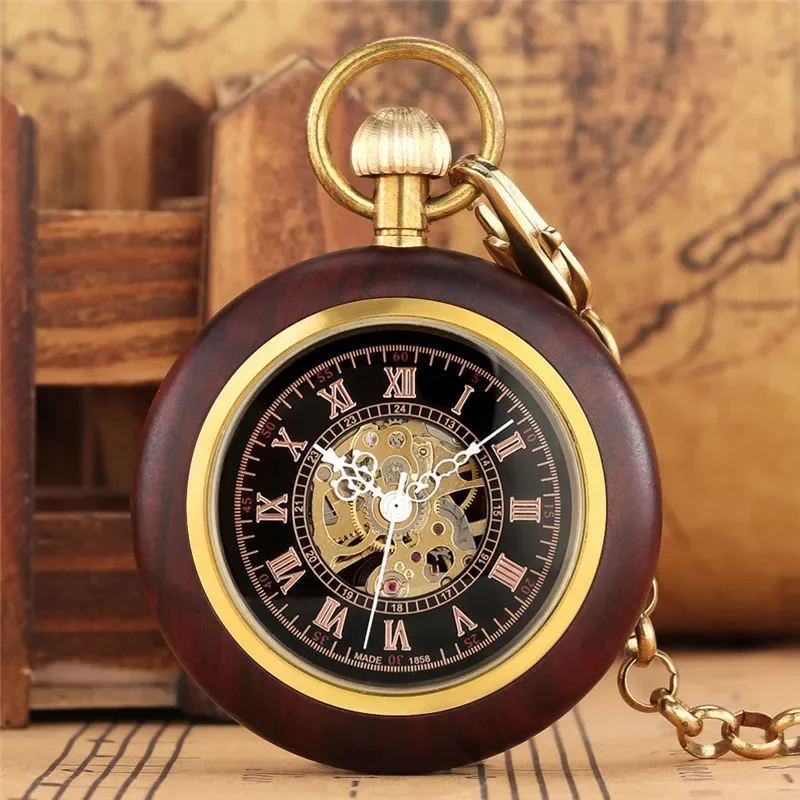 Pocket Watch Mechanical Skeleton Vintage - นาฬิกาพ็อกเก็ตนาฬิกากลไกไขลานมือโครงกระดูกวินเทจโบราณเคสไม้พร้อมตัวเลขโรมันจอแสดงผลของขวัญไม่จำกัดเพศพร้อมโซ่ FOB