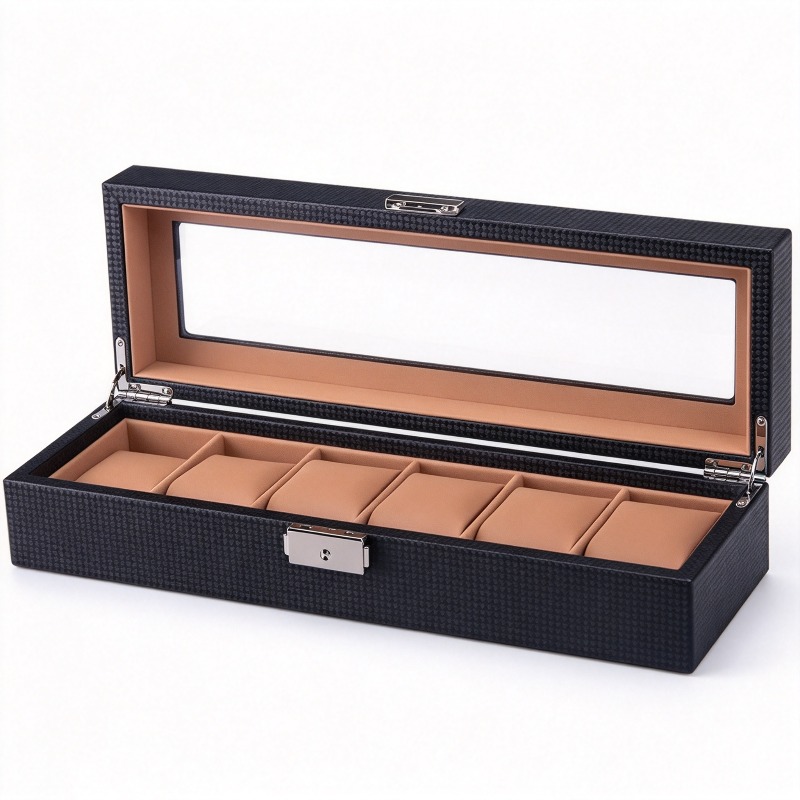 Watch Display Storage Box Carbon Fiber - กล่องเก็บนาฬิกาหนังลายคาร์บอนไฟเบอร์ 6 หลัก สำหรับจัดเก็บและโชว์นาฬิกา