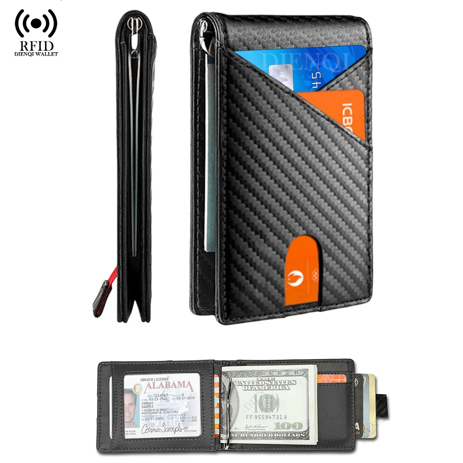 Money Clip Minimalist Rfid Blocking - กระเป๋าสตางค์บล็อก RFID สำหรับผู้ชาย กระเป๋าสตางค์แบบหนีบธนบัตร ที่ใส่บัตรเครดิตคาร์บอน กระเป๋าสตางค์แบบพับสองทบ