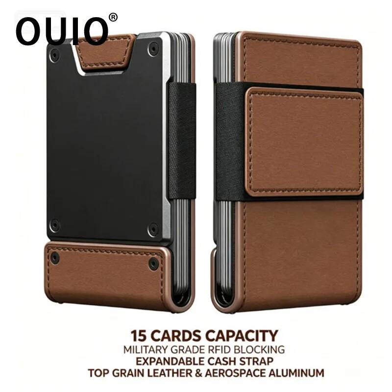 Money Clip Minimalist Rfid Blocking - กระเป๋าสตางค์หนังแบบมินิมอลสำหรับผู้ชาย OUIO ป้องกัน RFID พร้อมคลิปหนีบเงินแบบดึงออกได้ สายรัดผ้า