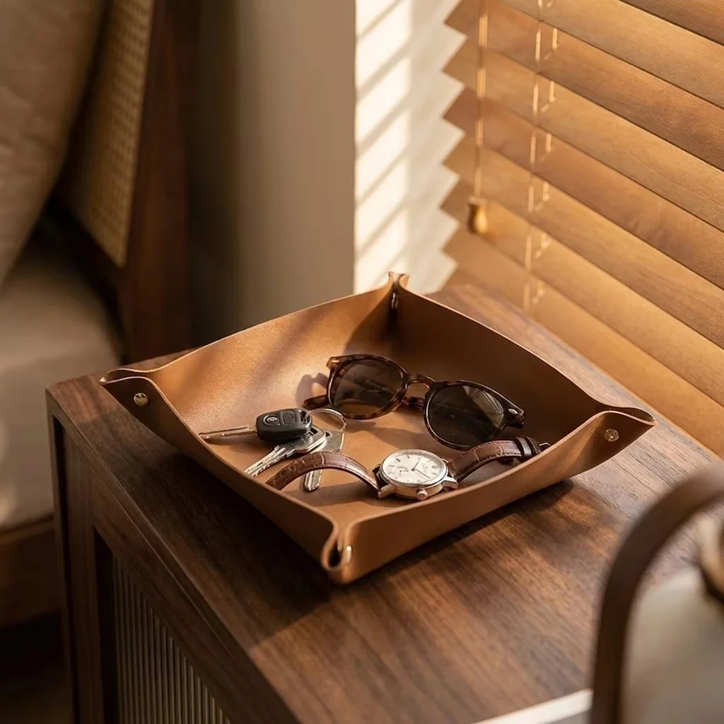 Valet Tray Nightstand Organizer Leather - 1 ชิ้น ถาดจัดระเบียบพับได้ ขนาด 20x20 ซม.