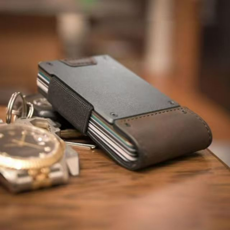 Money Clip Minimalist Rfid Blocking - กระเป๋าใส่บัตรเครดิตโลหะป้องกัน RFID หนังแท้ Crazy Horse กระเป๋าสตางค์บางสำหรับผู้ชาย
