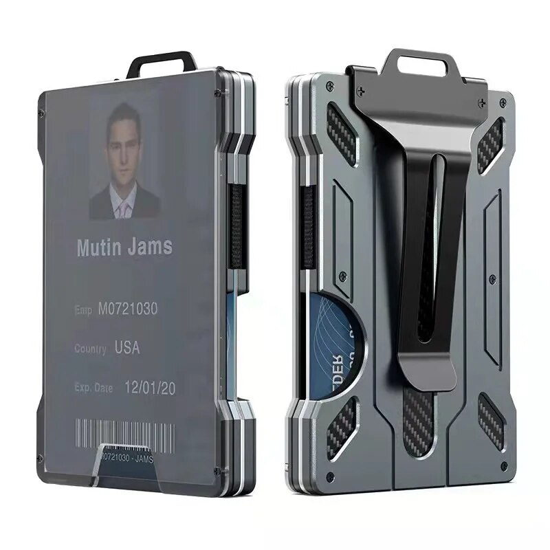 Money Clip Minimalist Rfid Blocking - กระเป๋าสตางค์ทรงบางสไตล์มินิมอลสำหรับผู้ชาย กระเป๋าสตางค์โลหะพร้อมคลิปหนีบธนบัตร ช่องใส่บัตรประชาชนแบบใส ที่ใส่บัตรประจำตัว ป้องกัน RFID