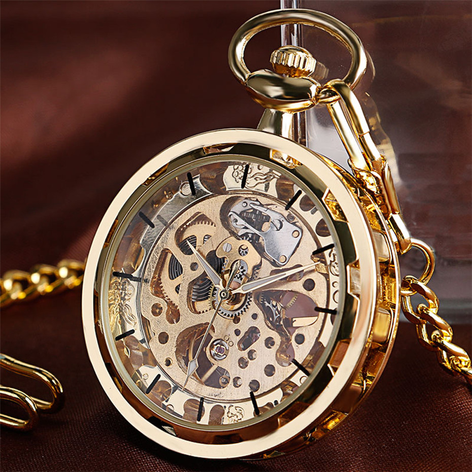 Pocket Watch Mechanical Skeleton Vintage - นาฬิกาพกแบบโปร่งใส โครงกระดูกกลวง ไขลานด้วยมือ สไตล์วินเทจ ของขวัญวันเกิด พร้อมสายคล้อง
