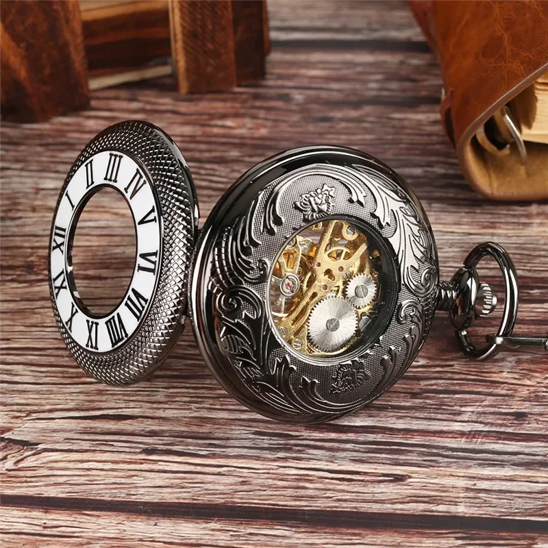 นาฬิกาพกโบราณสีดำแบบไขลานด้วยม - Pocket Watch Mechanical Skeleton Vintage บทวิจารณ์และราคา