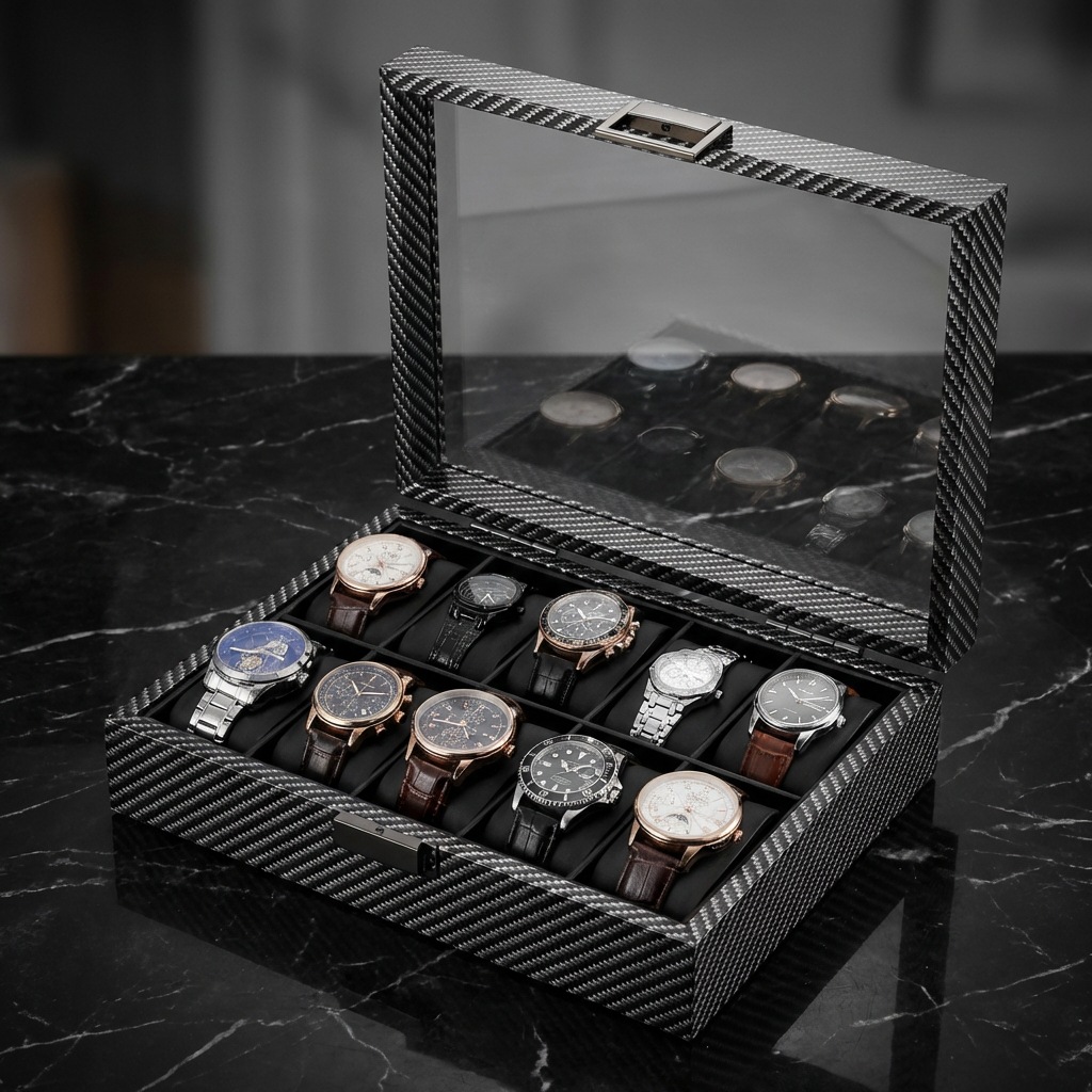กล่องเก็บนาฬิกา 10 ช่อง ลายไม้ - Watch Display Storage Box Carbon Fiber บทวิจารณ์และราคา
